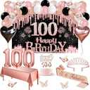 100th Birthday Decorations for Women, 49pcs Black Rose Gold Black Happy 100th Birthday Banner, Tablecloth, Butterfly Decor, Sash and Tiara, Cake Topper, Candles, Balloons Arch