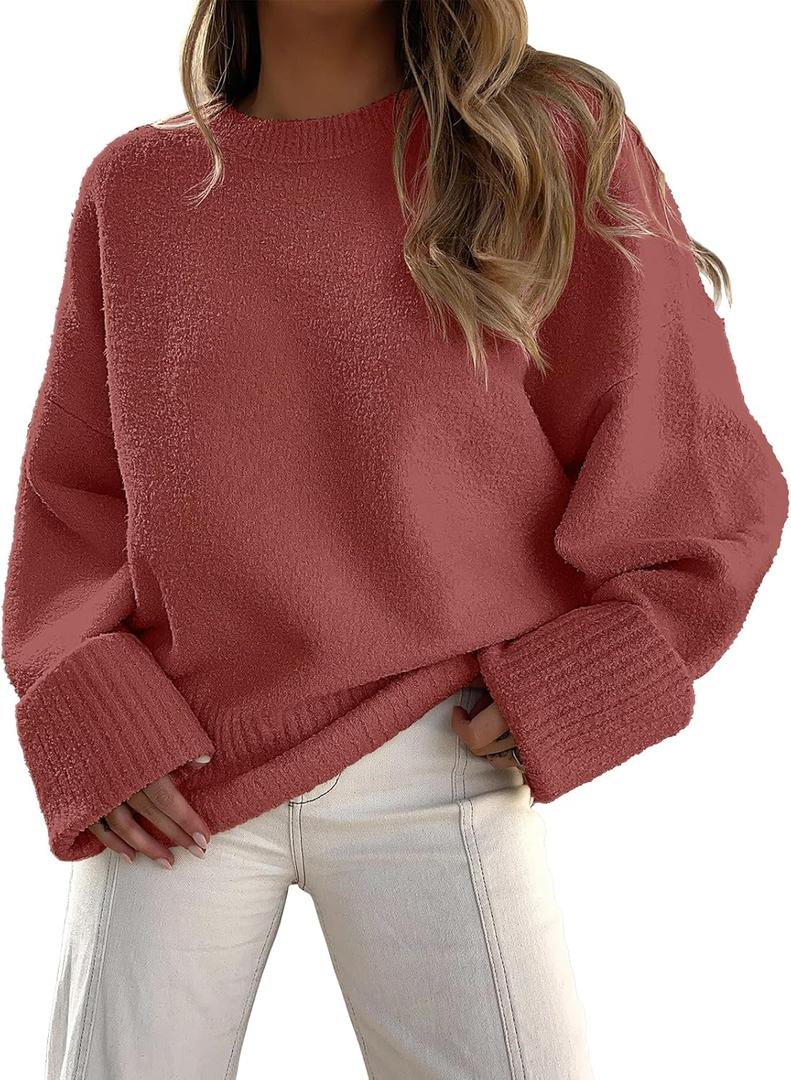 ANRABESS Women's Oversized Sweaters 2025 Long Sleeve Fuzzy Knit Casual Chunky Pullover Sweater Fall Outfits Clothes (Medium, Rust - Birck Red)