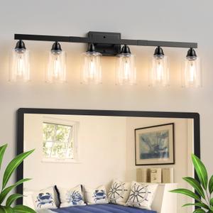VOLISUN Matte Black Bathroom Light Fixtures, 6-Light Bathroom Vanity Light Over Mirror, Modern Vanity Lights for Bathrooms, Bathrooms Lights Fixtures Over Mirror with Clear Glass Shades