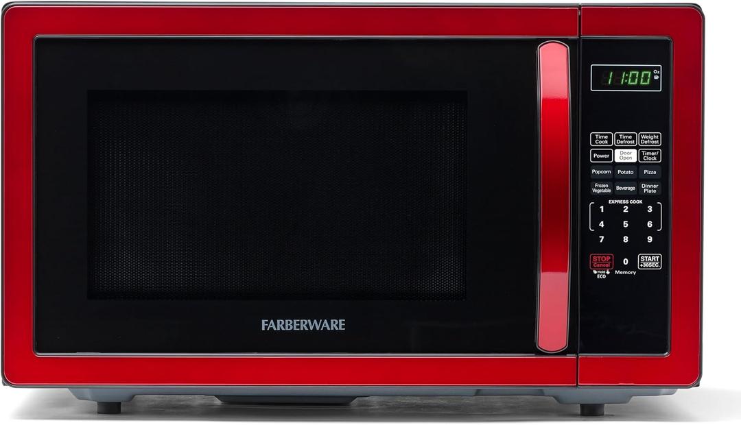 Farberware 1.1 Cu. Ft. Countertop Microwave Oven 1000 Watts Power, Auto Cook Settings, Defrost, Easy Clean and Child Safety Lock - Metallic Red