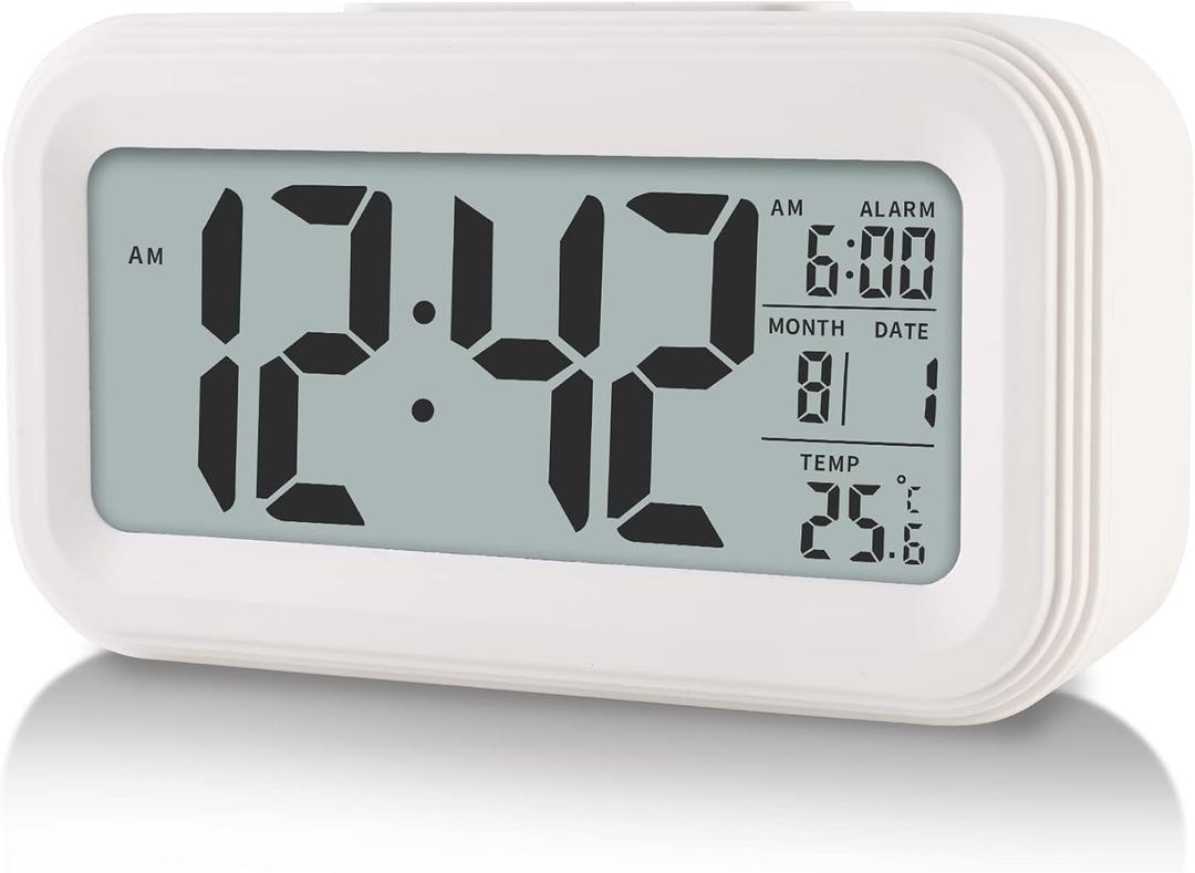Digital Alarm Clock with Indoor Temperature, Battery Operated,Snooze Model,12/24H Display for Bedrooms Heavy Sleepers Kids Travel Bathroom Desk Smart Clock (White)
