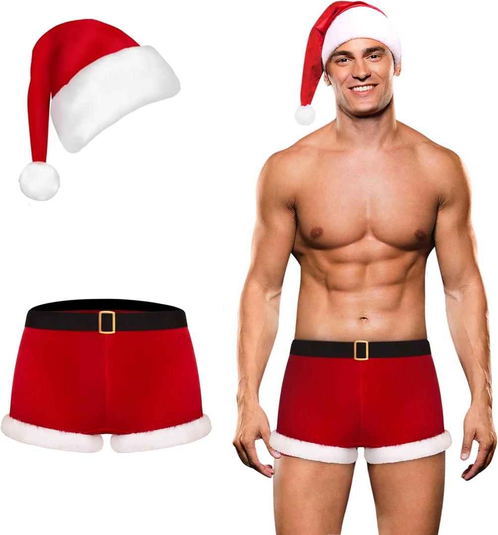 Mens Sexy Christmas Lingerie Set Mr Santa Claus Boxer Shorts with Hat for Club Party Underwear XXL
