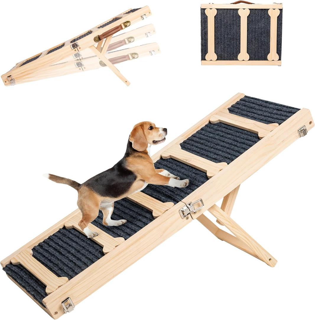 GENMOUS 30.5" Wooden Adjustable Dog Ramps for Bed, Non-Slip Traction Mat Foldable Dog Ramp for Small Medium Doggie to get on Bed, Level to 18" with 5