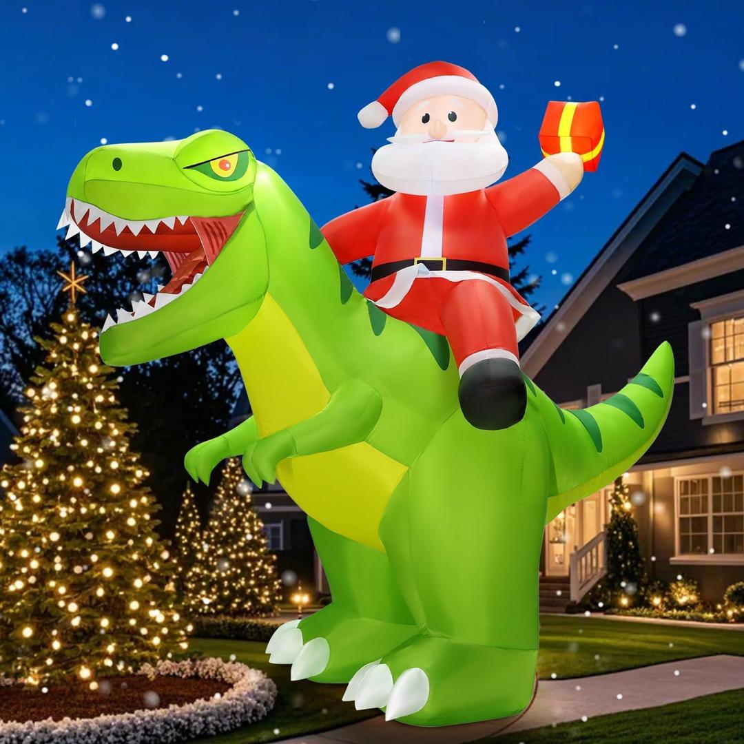 zukakii 9x8FT Christmas Inflatables Decoration Outdoor Santa Riding Giant Dinosaur Christmas Blow Up Yard Decoration Blowups Dino Builtin LED Lights for Holiday Party Xmas New Year