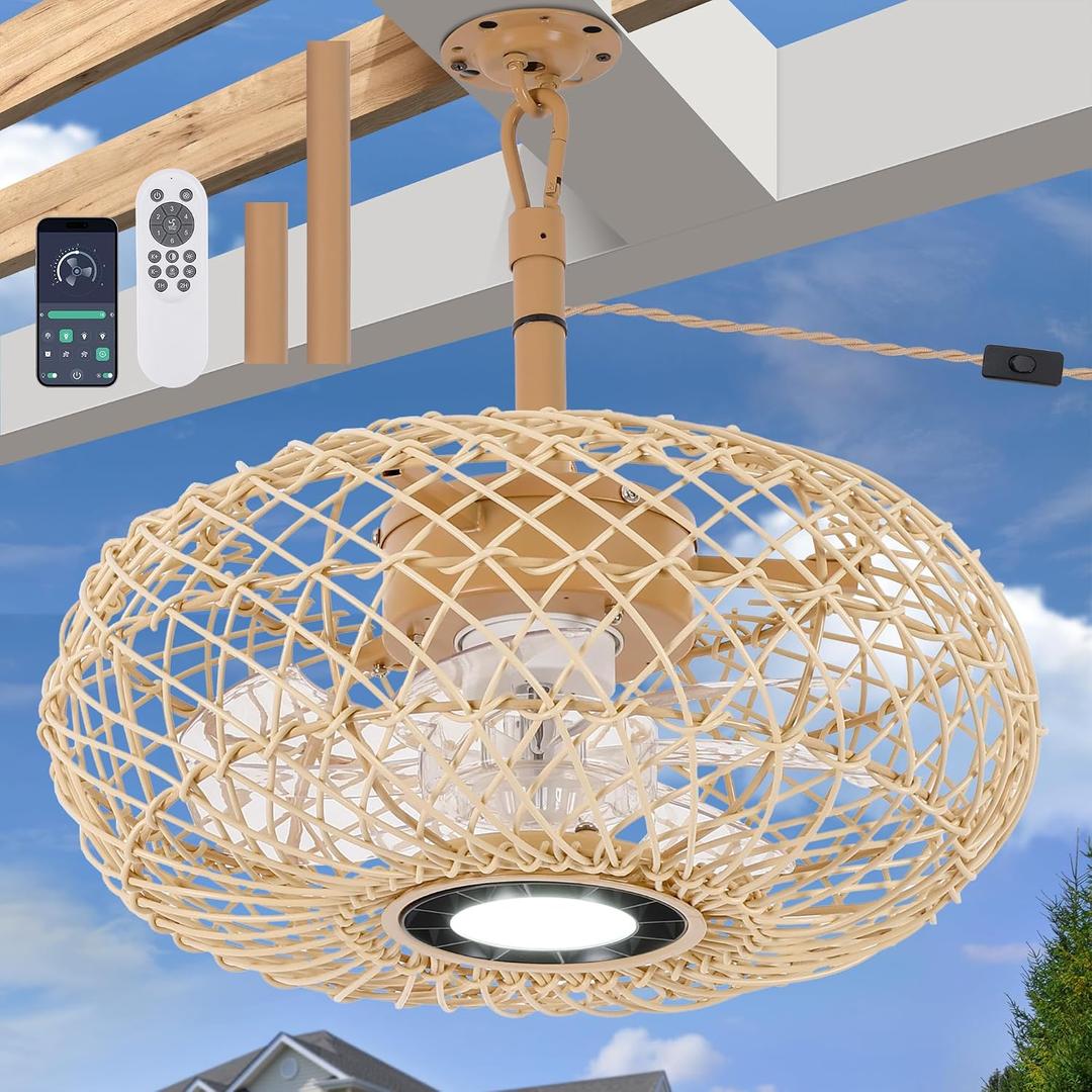 PAZALA 15" Beige Boho Caged Outdoor Ceiling Fan Remote Light | Plug-in,Woven, APP & remote, 6-speed, reversible, 3CCT dimmable, for patio, pergola, porch.