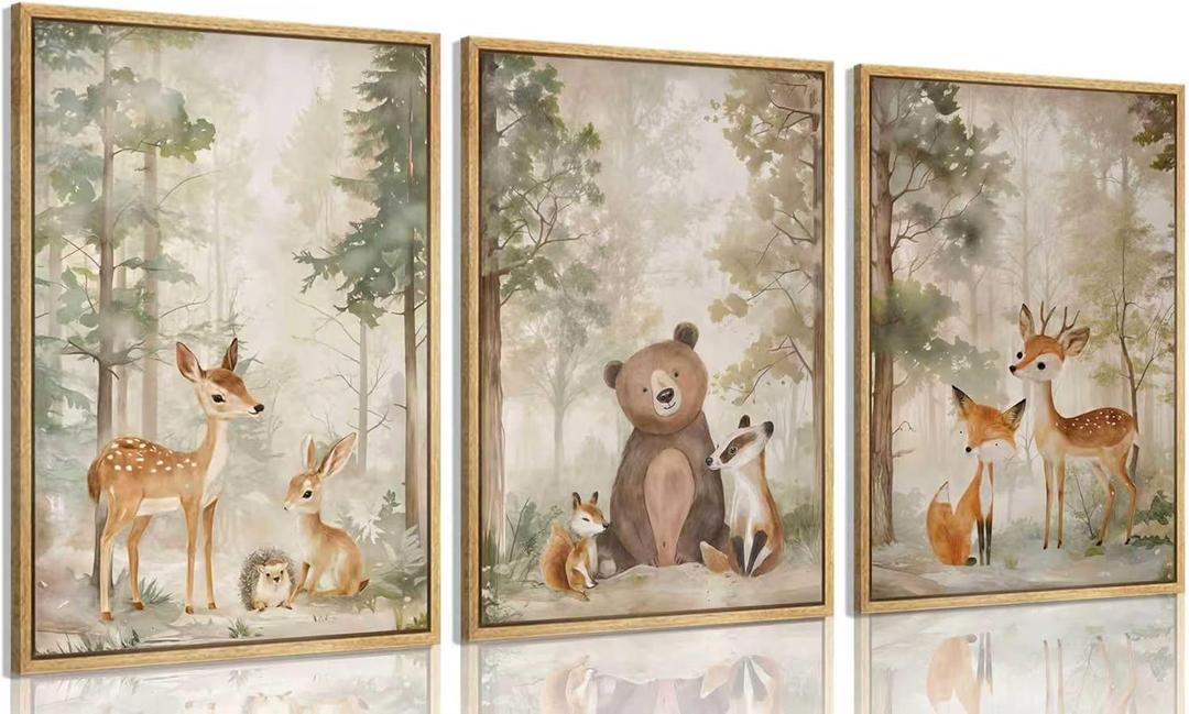 Framed Woodland Animal Nursery Canvas wall art Wild Animals Forest Paintings Pictures Wall Decor Fox Bear Deer Watercolor Poster Print