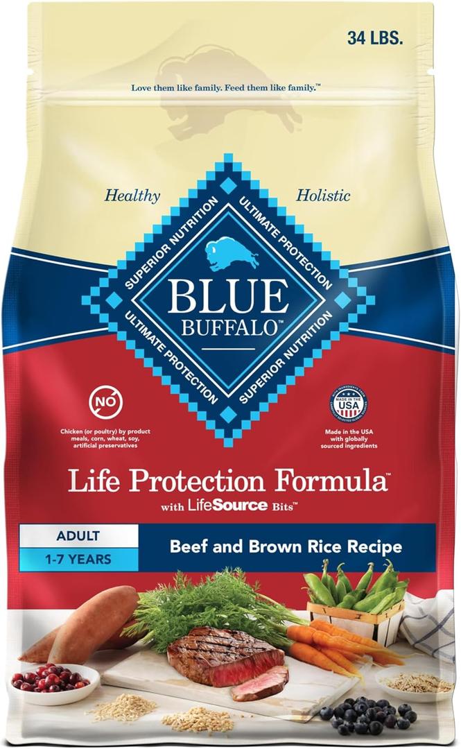 Blue Buffalo Life Protection Formula Adult Dry Dog Food, Helps Build and Maintain Strong Muscles, Made with Natural Ingredients, Beef & Brown Rice Recipe, 34-lb. Bag, Best By: 2026 JUL 29