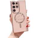 Compatible with Magsafe Phone Case for Samsung Galaxy S23 Ultra Cute Love Heart Case Luxury Plating Cover for Women Shockproof Soft Silicone Bumper for Galaxy S23 Ultra 6.8 inch (Pink)
