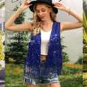 ZXZY Womens Sequin Fringe Sleeveless Vest Sparkly Lightweight Fitted Jacket Cardigan (Blue, L)