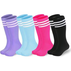 American Trends 4 Pairs Toddler Soccer Socks Kids Youth Baseball Sock Boys Girls knee High Striped Socks Cotton Tube Sock (M)