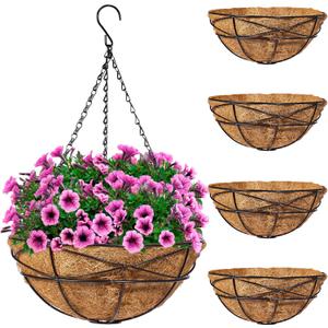 8 Pack Metal Hanging Planter Basket Huge 12 Inch Hanging Flower Pot Basket & Coco Coir Liner for Indoor/Outdoor Garden Décor, Perfect for Home, Garden, Patio, Deck (Black)