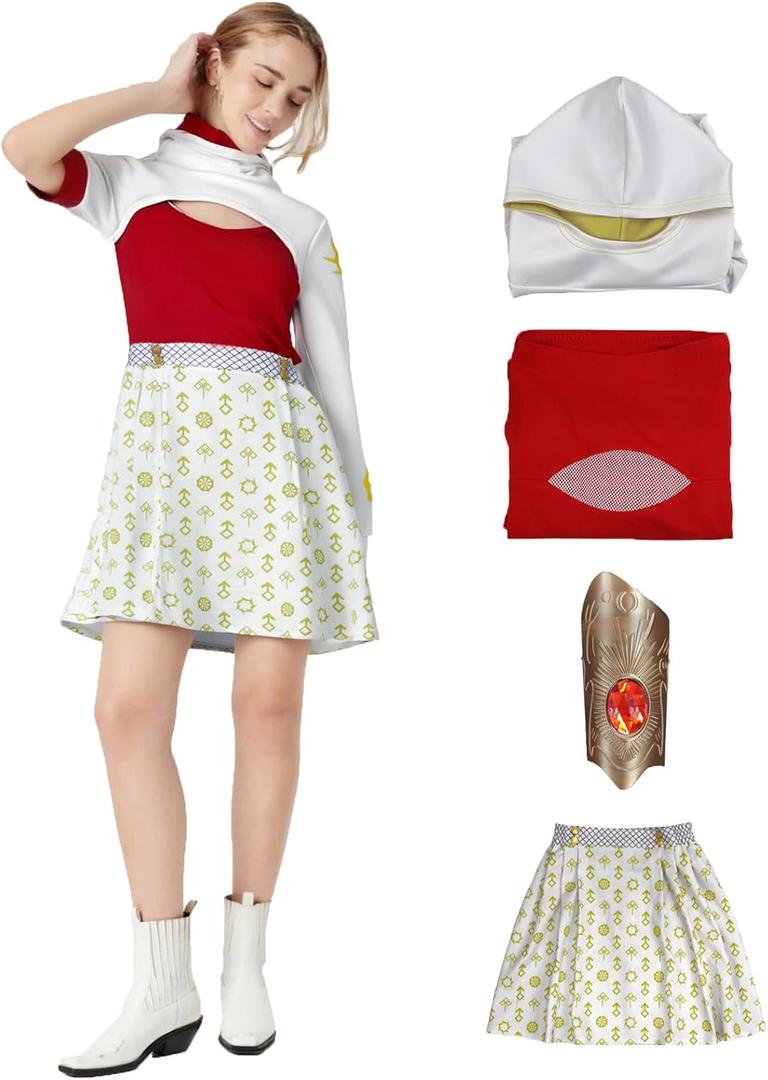 Womens Nova Zombies Costume Cheerleader Hooded Coat Mesh Top Wristband Skirt Halloween Daywalkers Outfit White (Medium)