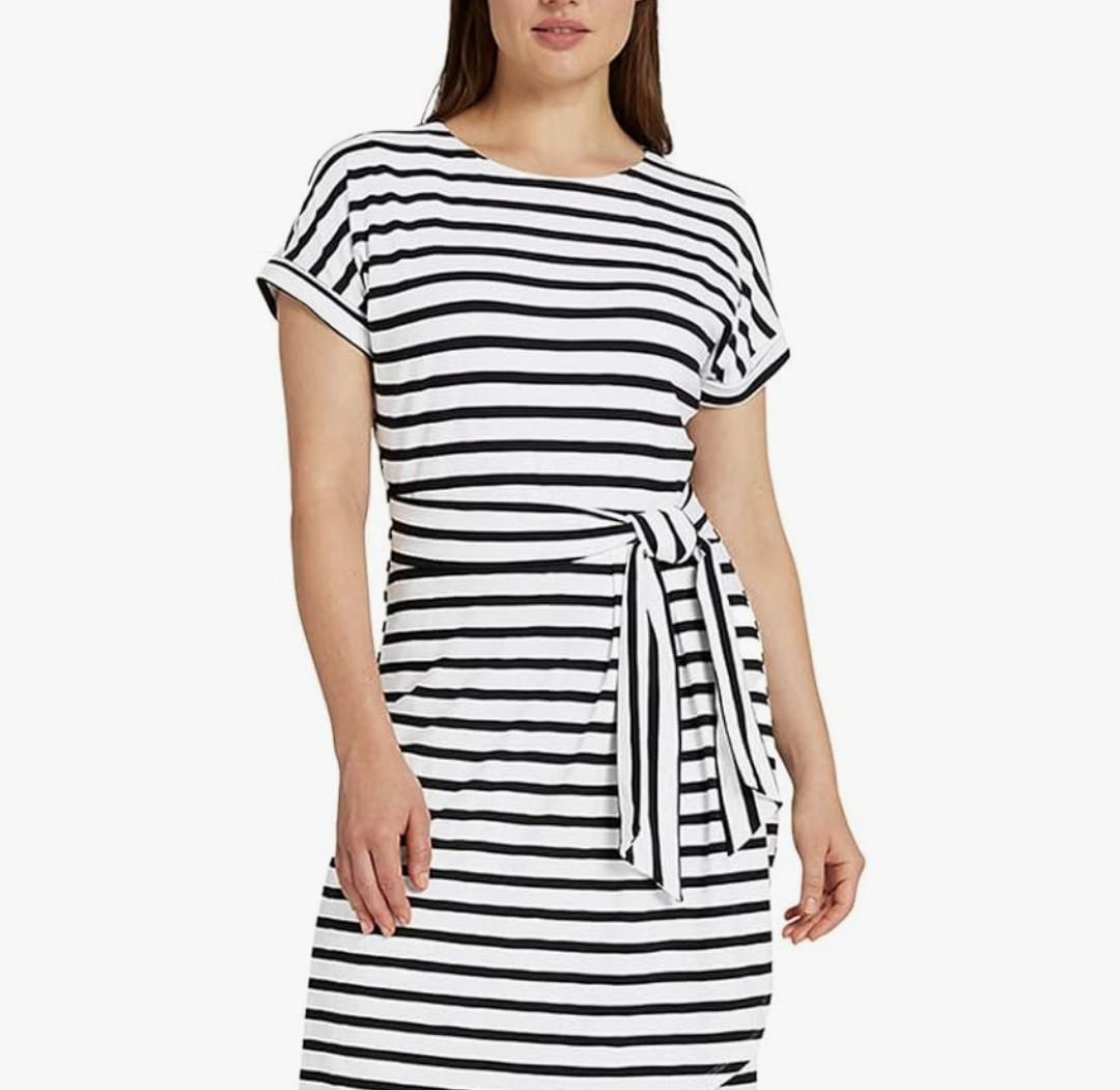 Chaps Women's Short Sleeves Crewneck Knit Dress (Large, Black/White) 