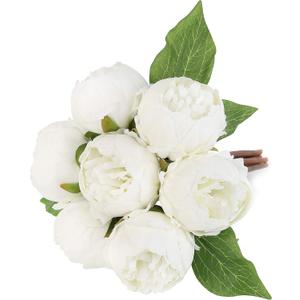 Artificial Fake Flowers Peony 7 Flower Heads Silk Flower Arrangements Wedding Bouquets Decorations Plastic Floral Table Centerpieces Home Kitchen Garden Party Decor (White)