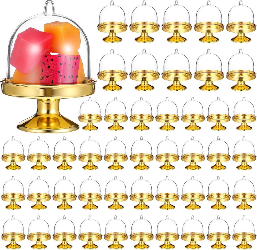 48 Pack Mini Cake Stand with Dome, Gold Base Mini Donut Domes & Tiny Cake Stand for Cupcakes, Desserts, Candy Display - Perfect for Weddings, Birthdays, Parties