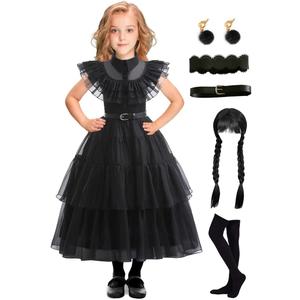 EOILFM Halloween Black Gothic Dress Costume Cosplay Girls Dress Up Outfit with Belt Party Show for Kids (Girls-S(4-5 Years))