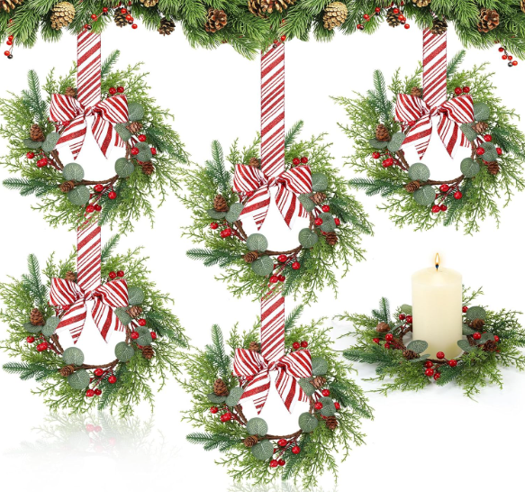 Suncalla 6 Pcs Christmas Mini Wreaths for Cabinets Bulk 7.87" Small Xmas Wreath for Kitchen Candle Ring with Glitter Red White Candy Cane Ribbon Bow Pine Berries Christmas Decor for Home Window Door