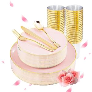 LIYH 180 Pcs Pink Plastic Plates - Disposable Dinnerware Set, Pink Dinner Plate Dessert Plate,Gold Plastic Silverware Cups for Weddings,Birthday Party 30 Guests