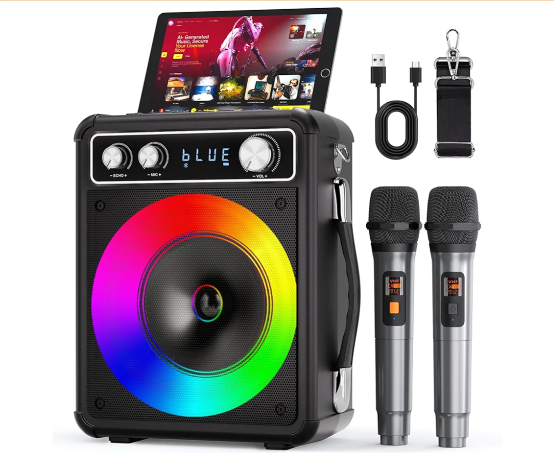 VOSOCO Karaoke Machine with 2 Wireless Microphones, Portable Bluetooth Speaker for Adults Kids, PA Systems Support TWS Echo Adjust TF USB AUX for Home Party Outdoor Travel