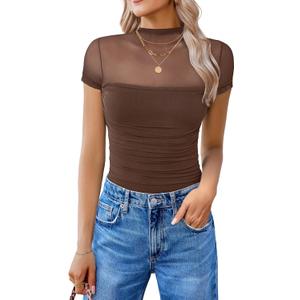 Avidlove Women's Short Sleeve Bodysuit Turtle Neck Body Suits Mesh One Piece Leotard Going Out Tops Date Outfits, M