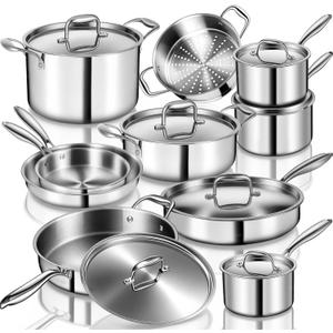 EWFEN Stainless Steel Cookware Set, 3 Ply 17 Piece Stainless Steel Pot and Pan Set, Oven Dishwasher Safe | Induction Compatible Frying Pans, Saucepans, Saute Pan & Stock Pot, PFOA, PTFE & PFOS Free