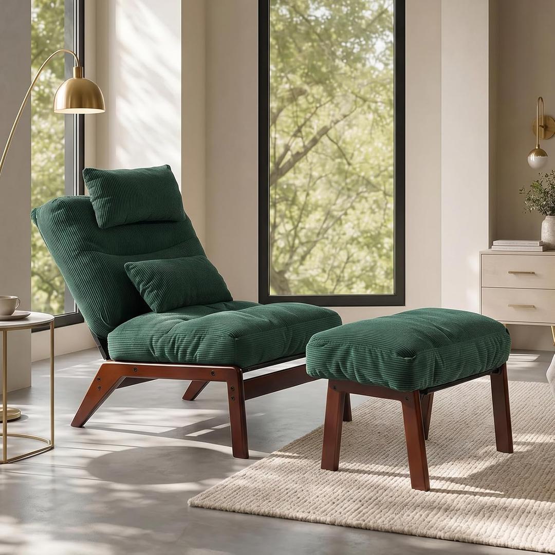 GEMBED Accent Chair with Ottoman Adjustable Backrest, Comfy Lounge Chair Single Sofa with Headrest Lumbar Pillow, Reading Chair with Footrest for Bedroom, Living Room, Green