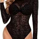 Avidlove Womens Mesh Long Sleeve Bodysuit Round Neck Sheer Leotards Geo Print Bodysuit Top with Snap Crotch (Medium, Leopard Pattern)