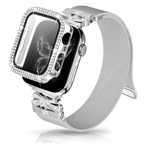 Youthrun Magnetic Band for Women Compatible with Apple Watch Band 38mm 40mm 41mm 42mm 44mm 45mm 46mm Milanese Stainless Steel Loop with Bling Protective Case, Dressy Metal Strap Replacement iWatch Band (42MM Silver)