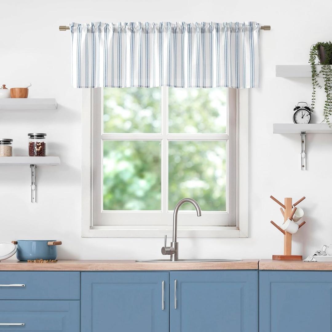 ZJDECOR Cotton Blended Kitchen Curtain Valances for Window, Blue Vertical Stripes on White Light Filtering Cafe Curtain for Home Decor, Farmhouse Window Treatment, Rod Pocket,55" Wx15 L(Pack of 1)