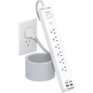 Extension Cord 10 ft - Long Power Strip Surge Protector, 6 AC Outlet 4 USB (2 USB C), Flat Plug, Wall Mount, Multi Plug Outlet Extender Desk Charging Station for Home Office Dorm Room Essentials