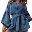 Women's Casual Denim Romper Belted Lantern Sleeve Jean Jumpsuits with Pockets (Large, Medium Blue)