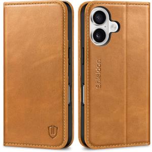 SHIELDON Leather Wallet Case for iPhone 17 5G 6.3" 2025 | RFID Blocking Credit Card Holder, Magnetic Closure, Kickstand, Folio Design, Shockproof Full Protective Cover - Retro Light Brown