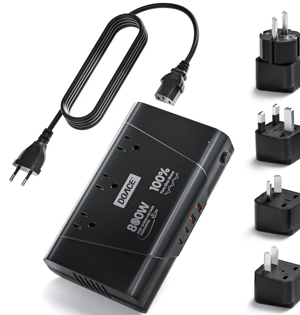 DOACE 800W Voltage Converter, 220V to 110V Pure Sine Wave Step-Down Transformer Universal Travel Adapter with 3 AC Outlets & 4 USB for Hair Tools, Phones, Cameras, Laptops