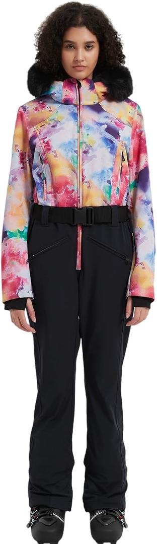 Women's One Piece Snowsuit Ski Suit Slim Fit High Collar Hood Zipper Jumpsuit Snowboard Waterproof Windproof Jacket (Medium, Neon)