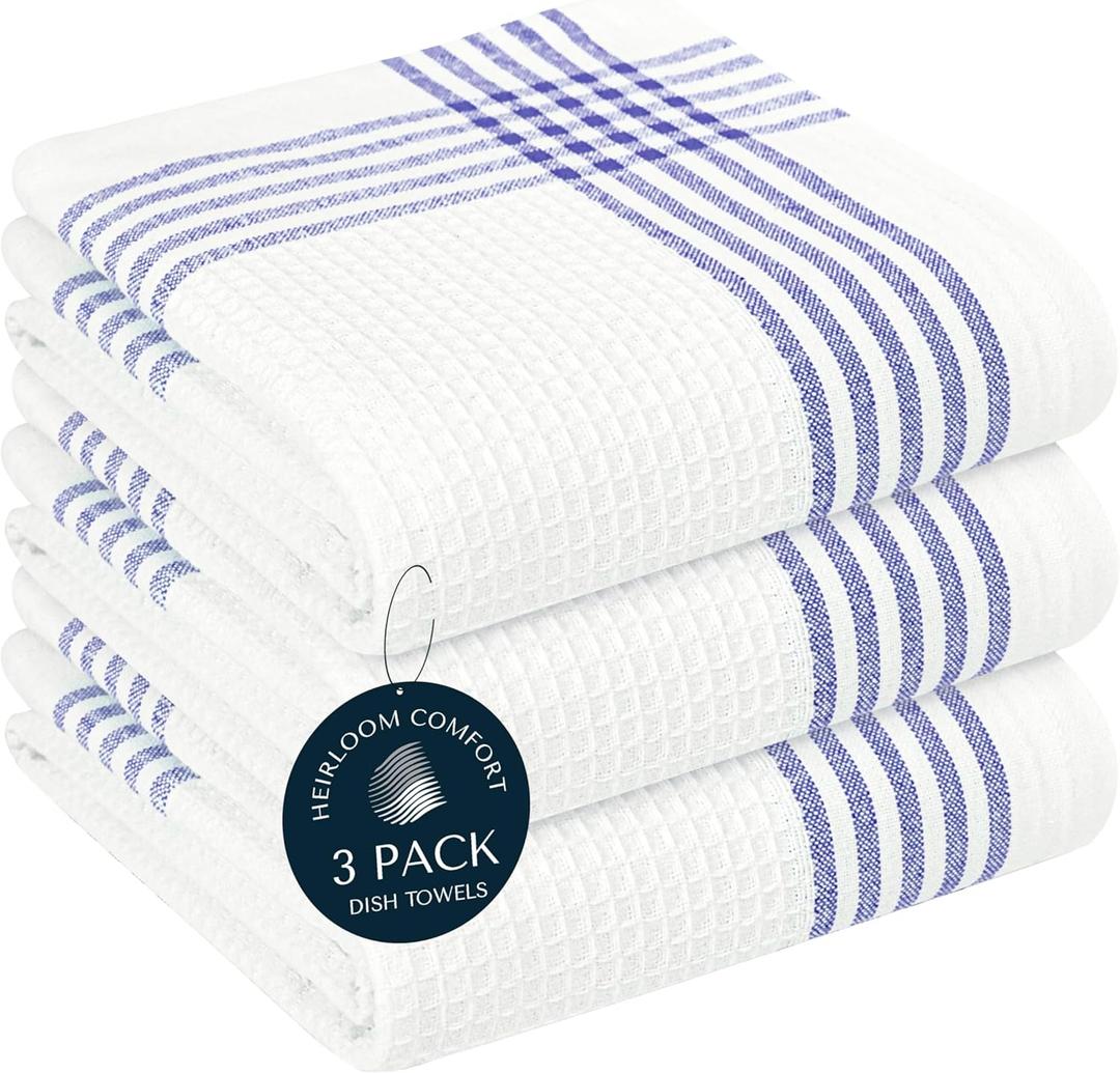 Indigo Blue and White Waffle Kitchen Towels 3 Pack, 16x26 Inch, 100% Cotton, Absorbent & Quick Dry Dish Towels, Soft & Durable Cloths for Cooking, Drying, Cleaning, Machine Washable