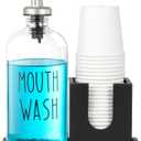 Glass Mouthwash Dispenser for Bathroom, 16 OZ Mouthwash Dispenser with Pour Spout and Wood Cup Holder and Tray, Mouth Wash Bottle Container, Black Kitchen Bathroom Decor and Accessories