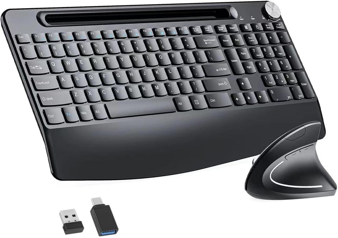 Full-Size Ergonomic Keyboard and Mouse, 2.4GHz Wireless Keyboard and vertical Mouse with Tablet Phone Holder, Wrist Rest for Computer Mac PC Laptop Chromebook, Black