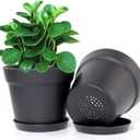 WOUSIWER 16 Pack 6 inch Plastic Planters for Indoor Flower Pots, Heavy Duty and Stylish 6 Inch Plant Pots for Indoor Plants with Drainage Holes and Tray for Plants, Flowers, Black