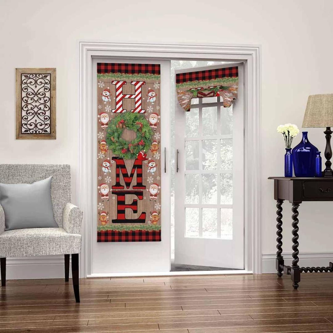 BEMIGO Christmas French Door Curtains for Windows, Tree Santa Claus Decorations Front Door Window Curtains for Glass, Red Brown Privacy Tie Up Blinds Thermal Insulated Shades 26 x 70 inch