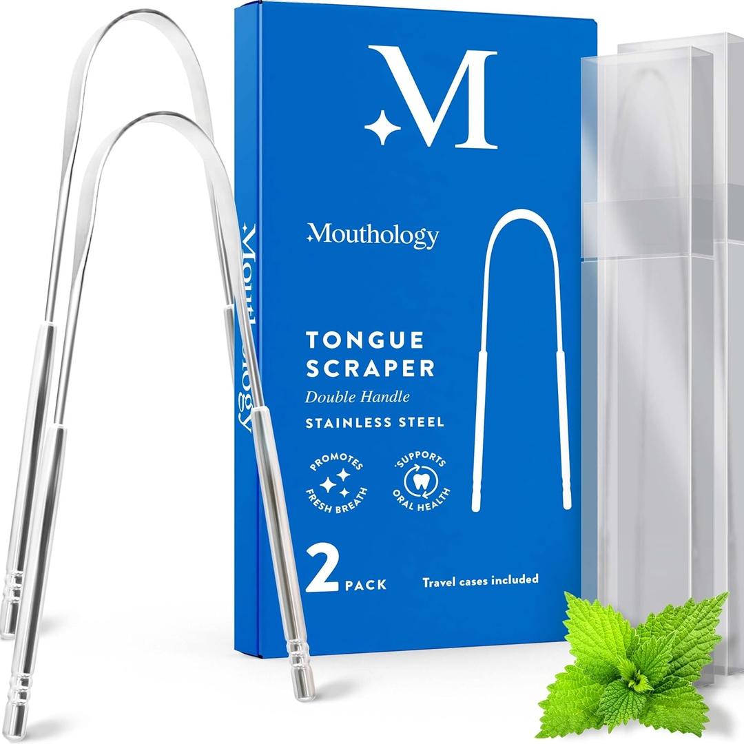 Mouthology Tongue Scraper (2 Pack), Reduce Bad Breath (Travel Cases Included), Stainless Steel Tongue Cleaners, Metal Tongue Scraper, Tongue Scraper for Adults - Fresher Breath in Seconds