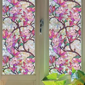 Window Privacy Film Static Cling - Renter Friendly, Blackout Sun Blocking Tint for Home (Living Room/Bathroom), Office & Car, Decorative Pink Magnolia Design, 31.5"78.7"