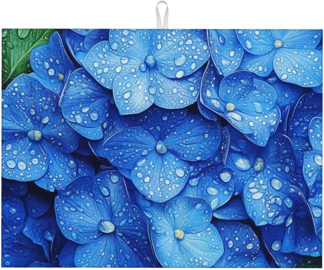Dish Drying Mat Hydrangeas Flower Blue for Kitchen Counter Absorbent 18x24 Inch Microfiber Dishes Plate Glass Dry Draining Pad Reversible Washable (C033)
