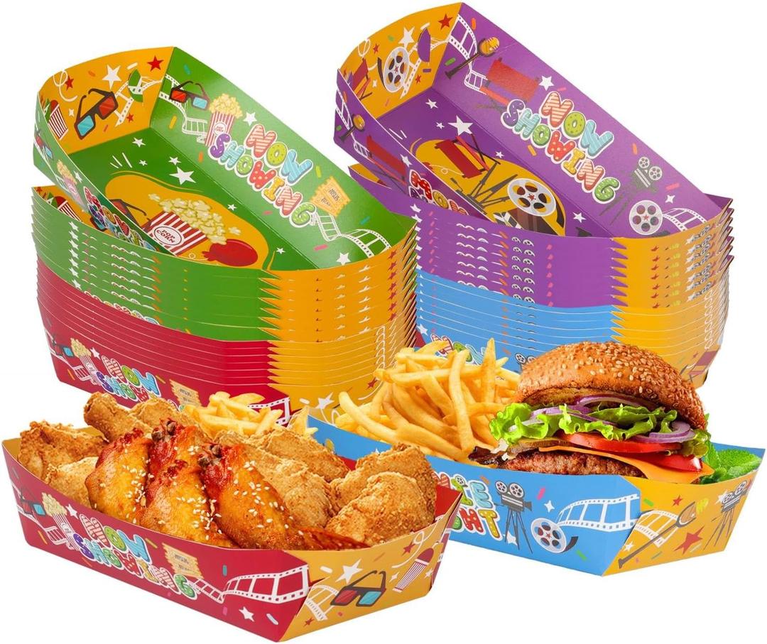 48 Pcs Movie Night Snack Trays, Paper Nacho Trays, Movie Night Supplies for Family Party, Snack Container Holder for Birthday Party