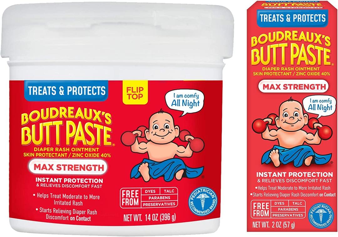 Boudreauxs Butt Paste Max Strength Diaper Rash Cream for Baby, Ointment With Zinc Oxide, 2 oz Tube & 14 oz Jar
