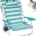 SONGMICS Portable Backpack Beach Chair, 331 lb Capacity, 4 Angles Adjustable Backrest, 2 Side Pockets, Towel Bar, Green and White UGCB62JW, 26.8"D x 24.8"W x 29.5"H