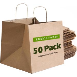 13x7x13 Inch Kraft Paper Large Gift Bags with Handles Bulk-50Pack Recyclable Sturdy Brown Paper Bags for Business, Merchandise, Gifts Bags, Shopping, Retail Stores, Takeout, Birthday Party