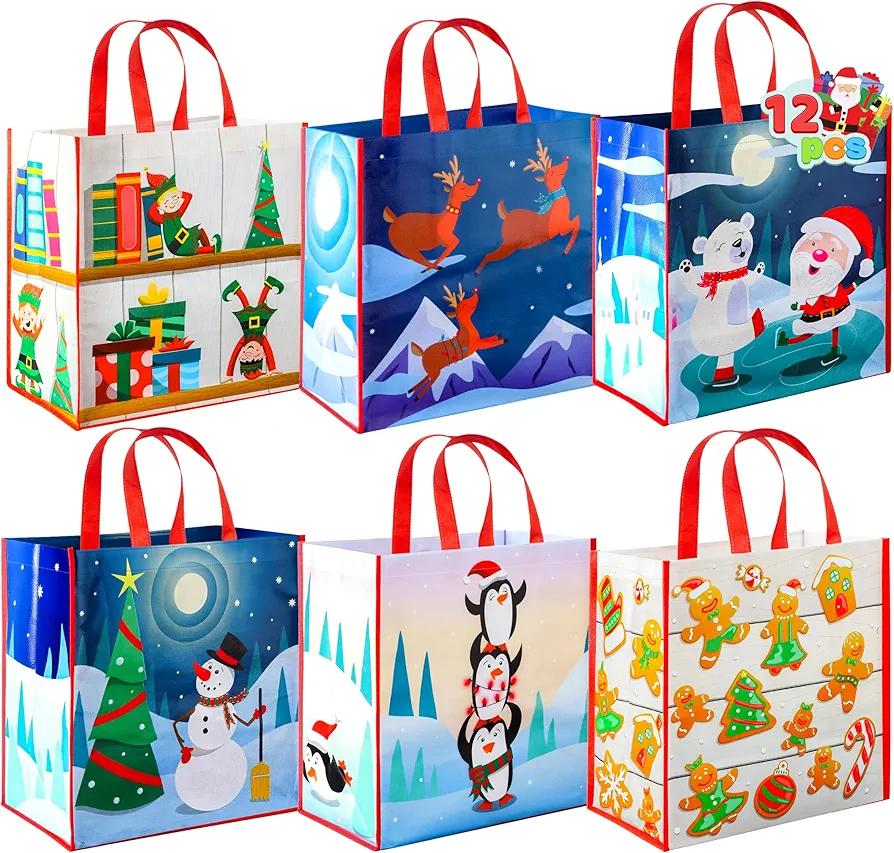 JOYIN 12 PCS Christmas Large Gift Bags with Handles 13.75" x 14", Non-Woven Tote Bag for Wrapping Xmas Party Favors, Reusable Grocery Bags, Party Supplies