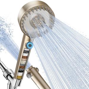 Filtered Shower Head with Handheld, High Pressure 4 Spray Mode Showerhead with Filters, Water Softener Beads for Hard Water with ON/OFF Switch for Pets - Remove Chlorine (Golden, 5 Inch Panel)