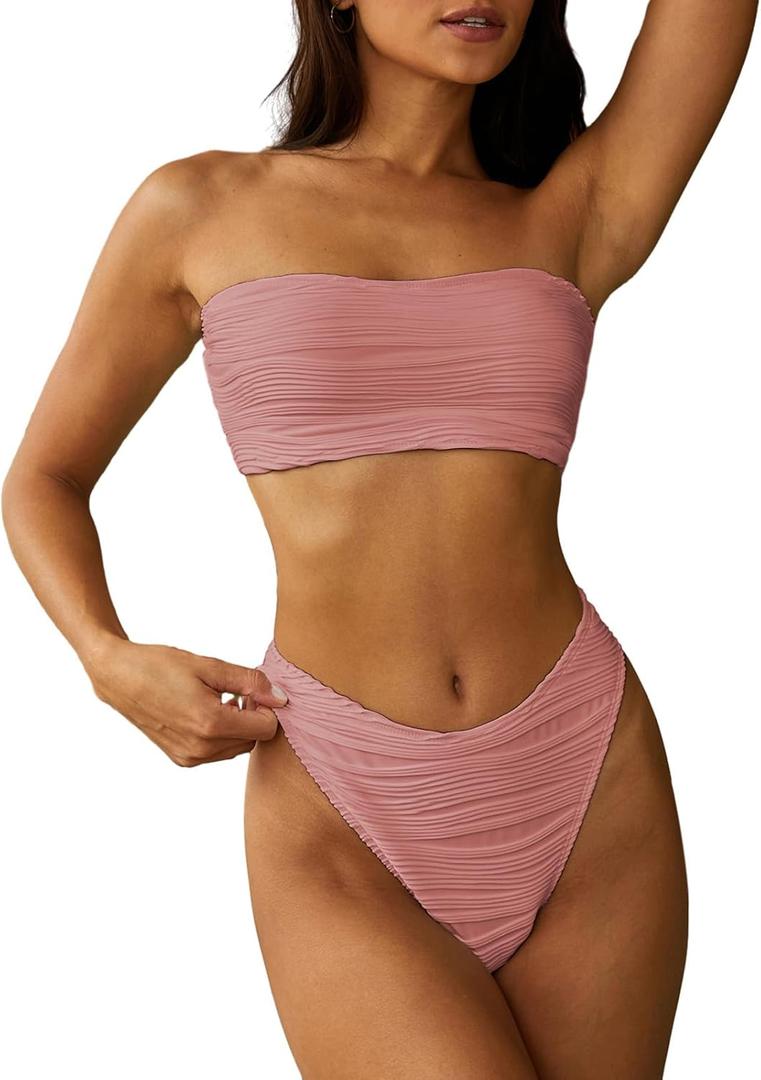 ZAFUL Women Strapless Textured Bandeau Bikini 2 Piece Swimwear Cheeky Solid Lace up Bathing Suits (Small, Pink Wave)