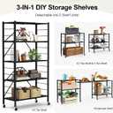 5 Tier Foldable Storage Shelves, Expandable Folding Shelving Units with Wheels, Changeable into 2 Shelf Units, Collapsible Adjustable Storage Rack Metal Shelves for Storage, Pantry, Garage, Kitchen